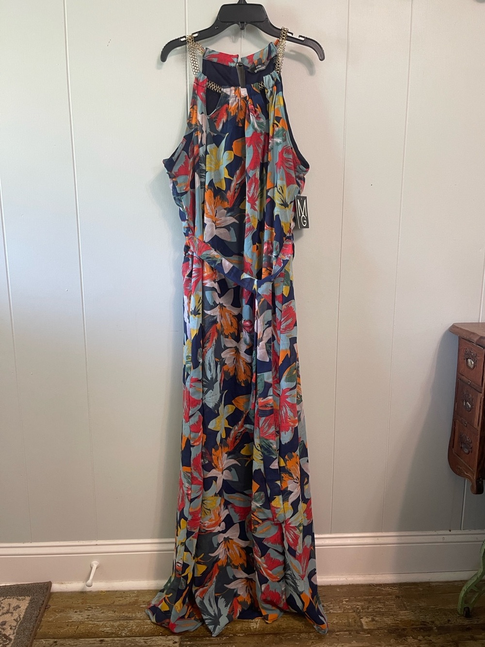 Mlle Gabrielle Floral High-Low Maxi Dress in Navy, Coral, Yellow